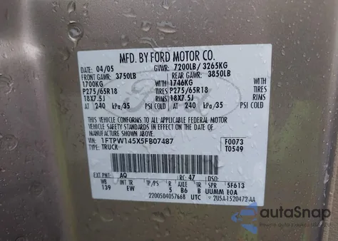 2005 Ford F-150 Fx4/Lariat/Xlt z USA, uszkodzony, nr VIN 1FTPW145X5FB07487